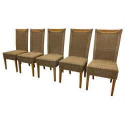 Set of ten light wood and seagrass dining chairs
