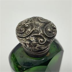 Silver mounted green glass scent bottle, with original stopper, and embossed silver cover, H7cm
