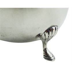 1930's silver sauce boat, of typical form with ribbon wrapped reeded border to rim, flying acanthus capped scroll handle, upon three hoof feet, hallmarked Walker & Hall, Sheffield 1934, approximate weight 3.95 ozt (123 grams)