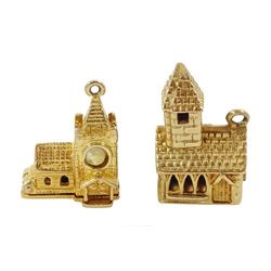 Two 9ct gold charms including church wedding ceremony and a church, both hallmarked