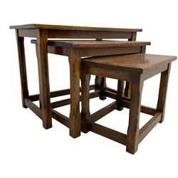 Medium oak nest of three tables on turned supports (W62cm, H47cm, D38cm); and an octagonal oak pedestal table (D60cm, H52cm)