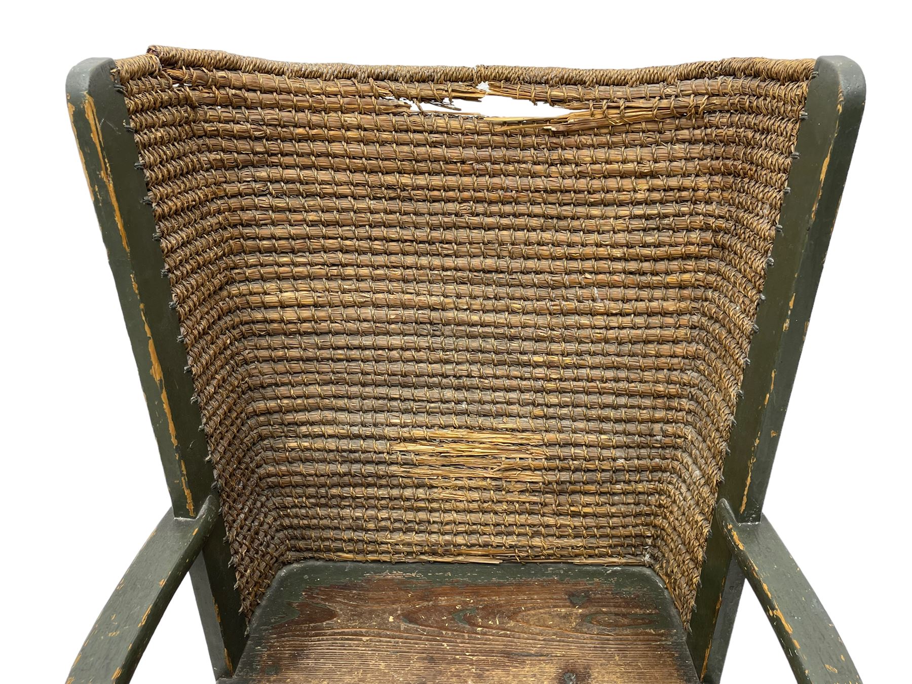 Late 19th to early 20th century Orkney chair, green painted pine frame and seat with curved rush back, square tapering supports joined by plain stretchers