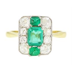 Early 20th century gold emerald and diamond panel ring, three octagonal cut emeralds, with...