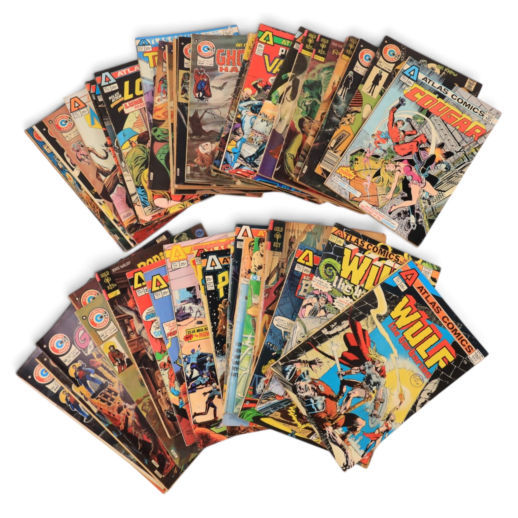 Collection of Bronze age and later Charlton, Atlas, Gold Key and similar comic books, titles including Midnight Tales, Planet of the Vampires, Ripley's Believe It Or Not, Star Trek, Beyond The Grave, Cougar, Doomsday 1, Love Diary, Police Action, The Destructor, The Brute, Baron Wierwulf's Haunted Library, The Many Ghosts of Doctor Graves, Wulf the Barbarian, Korak Son of Tarzan, Iron Jaw, The Scorpion, Ghost Manor, Ghostly Haunts, Ghostly Tales, The Tarantula etc