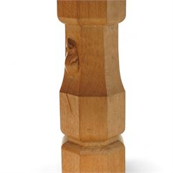 Mouseman - figured oak 5’ refectory dining table, rectangular top with burr figuring, raised on chamfered octagonal supports united by a stretcher, carved mouse signature to leg, by the workshop of Robert Thompson, Kilburn