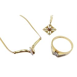 Gold diamond necklace, diamond pendant necklace and a diamond ring, all 9ct hallmarked or stamped