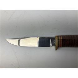 Three hunting knives, each blade marked A. Wright & Sons Sheffield, one with leather handle, one with horn handle and one with antler handle; each with leather sheath (3)