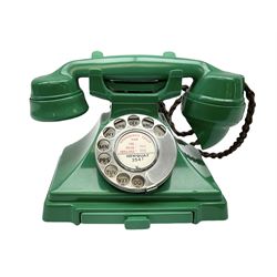 Jade green Bakelite telephone, of pyramid form with rotary alphabet dial, brown braided handset cord and a base draw, W18cm D14cm H15cm