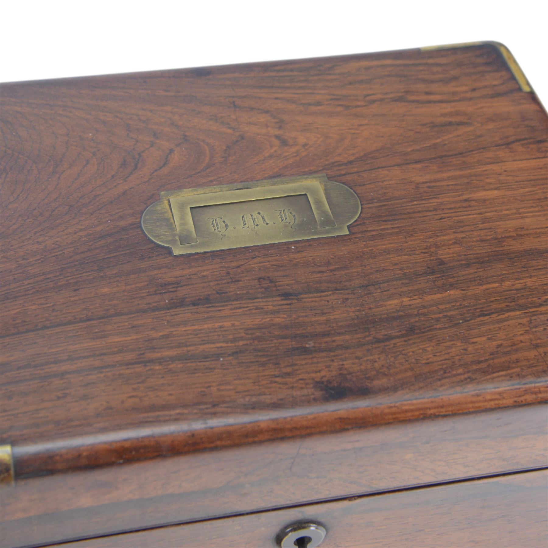 Victorian rosewood brass-bound work box, of rectangular form with flush brass handle engraved with initials, H13cm, W30cm