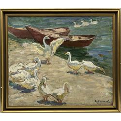 Maria Vladimirovna Savchenkova (Russian 1917-2015): 'Geese' on the Quayside, oil on canvas signed, titled and inscribed verso 59cm x 69cm