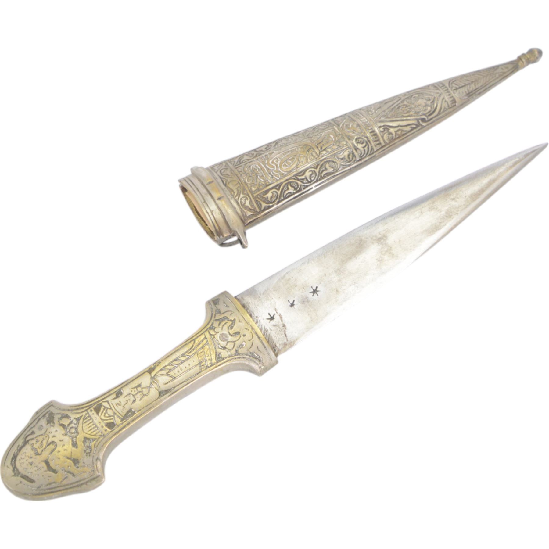 Kindjal dagger, the handle and scabbard decorated with figures and animals, together with middle eastern curved dagger and other knives and weapons 