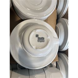 White ceramic cups (90) with additional saucers (90)- LOT SUBJECT TO VAT ON THE HAMMER PRICE - To be collected by appointment from The Ambassador Hotel, 36-38 Esplanade, Scarborough YO11 2AY. ALL GOODS MUST BE REMOVED BY WEDNESDAY 15TH JUNE.