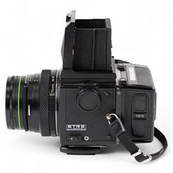 Zenza Bronica ETRS medium format camera, serial no. 8301079, with Zenza Bronica Zenzanon EII 1:2.8 f=75mm lens with lens cap, serial no. 7955198 and two film backs and instruction booklet