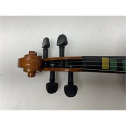 Four student violins - two Chinese three-quarter size with 33.5cm and 34cm two-piece backs; Stringers of Edinburgh quarter size with 28cm two-piece back; and Stentor quarter size with 28cm two-piece back; each in carrying case (4)