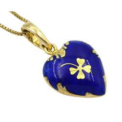 Victor Mayer for Faberge 18ct gold blue enamel heart shaped pendant, with applied gold four leaf clover decoration, limited edition No. 722/1000, on silver-gilt chain necklace, boxed