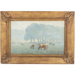 J Hall (British 19th Century): Summer Evening with Cows Grazing in a Pasture, watercolour signed 31cm x 50cm 