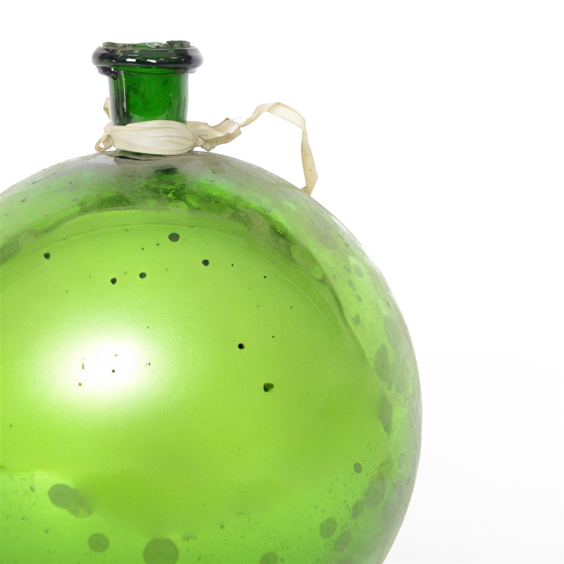 Late 19th century iridescent green glass witches ball with a small bottle neck, D26cm