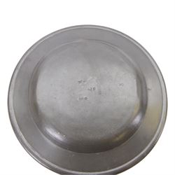 Collection of 19th century and later pewter plates and plate warmer with London and similar touch marks 