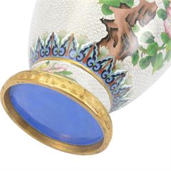 20th century Chinese cloisonné vase, of baluster form, decorated with two peacocks amongst peonies on a white cloud pattern ground, H38cm 