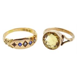 Early 20th century 15ct gold sapphire and split pearl ring, hallmarked and a rose gold round citrine ring, stamped 9ct