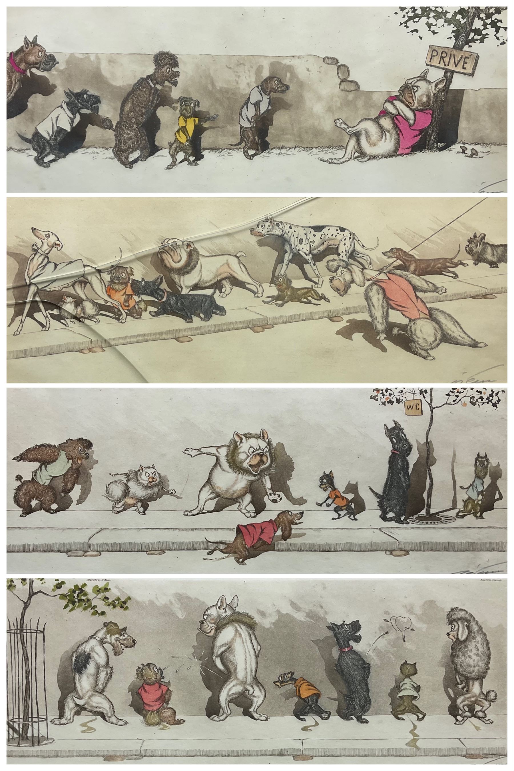 Arthur 'Boris' Klein (French  1893-1985): 'L' Etourdie' 'Sus au Curieux' 'Chacun Son Tour' 'Comme Nos Maitres' 'A La Queue' 'W.C. Prive' and 'O' Liberte', seven etchings with hand colouring signed and titled in pencil from the 'Dirty Dogs of Paris' series 16cm x 44cm (7)