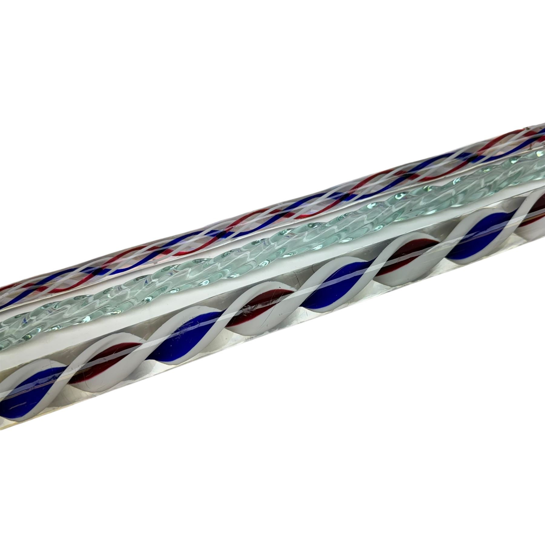 Six Victorian glass walking canes, to include three 'frigger' examples with colour twist designs, a 'hundreds and thousands' example with knop finial and filled with micro beads, possibly Nailsea, an opaque green twist example, and an amber glass example, longest L130cm