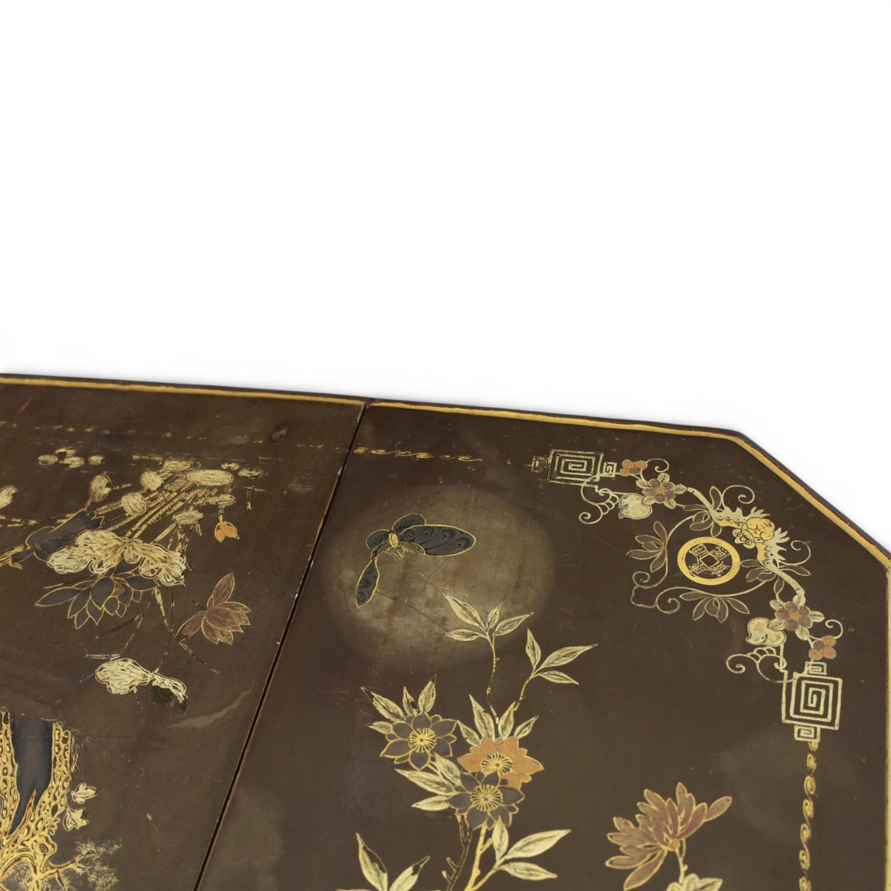 Chinoiserie style gate leg table, with gilt painted floral design, raised on bobbing supports, on sled feet