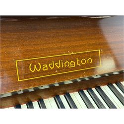 Waddington - Edwardian mahogany upright piano, rectangular top with panelled front, rounded key cover, makers name on fallboard, raised on bracket supports with castors