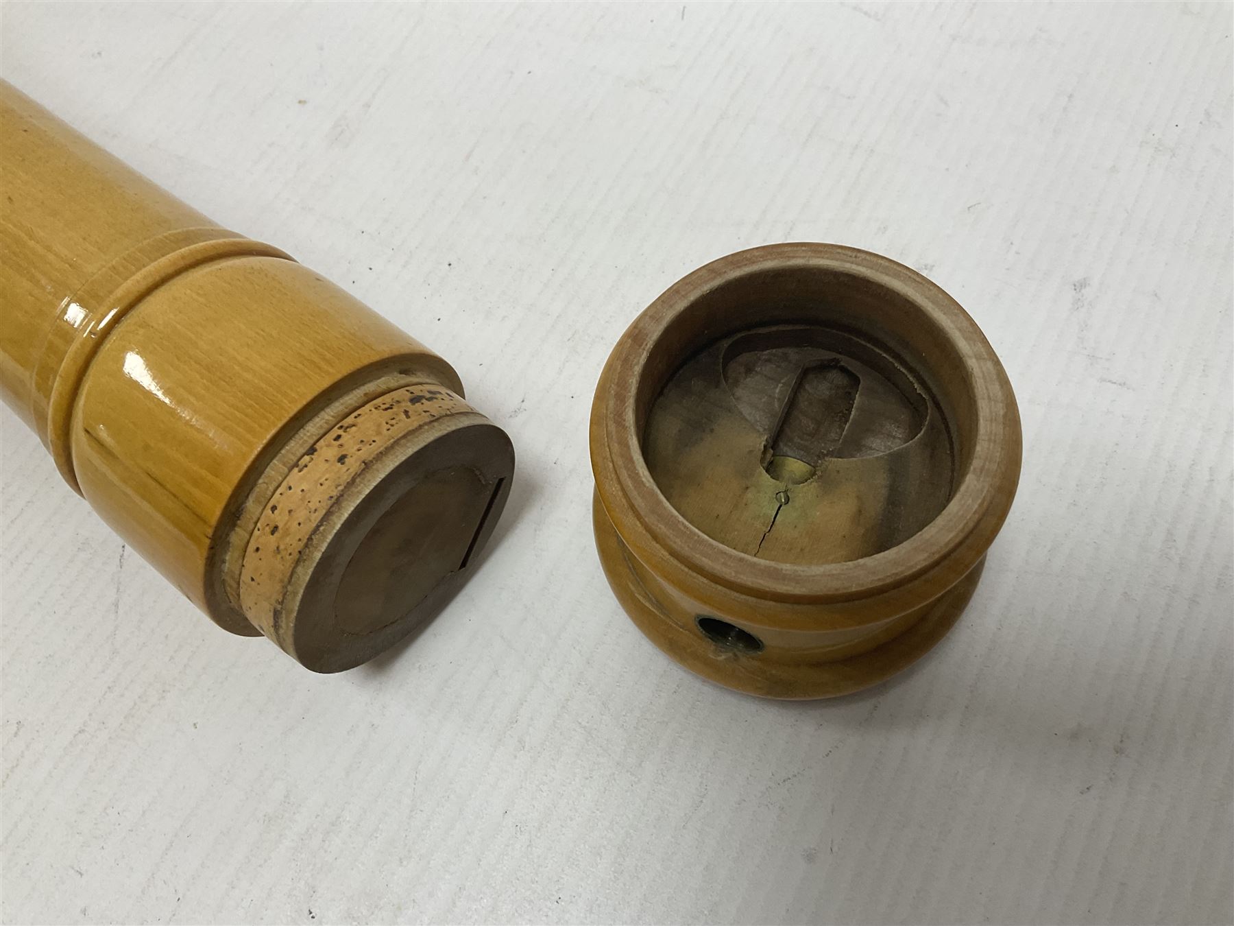 Wooden bass recorder, possibly by Roessler but unmarked, in fitted and lined case 