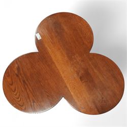 Mid 20th century oak trefoil shaped coffee table on ring turned supports joined by stretchers terminating in square feet 