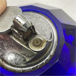 Collection of lighters, including Ronson Varaflame, Zorr Classic, Dunhill bark effect roller gas lighter, and faceted blue glass table lighter, etc