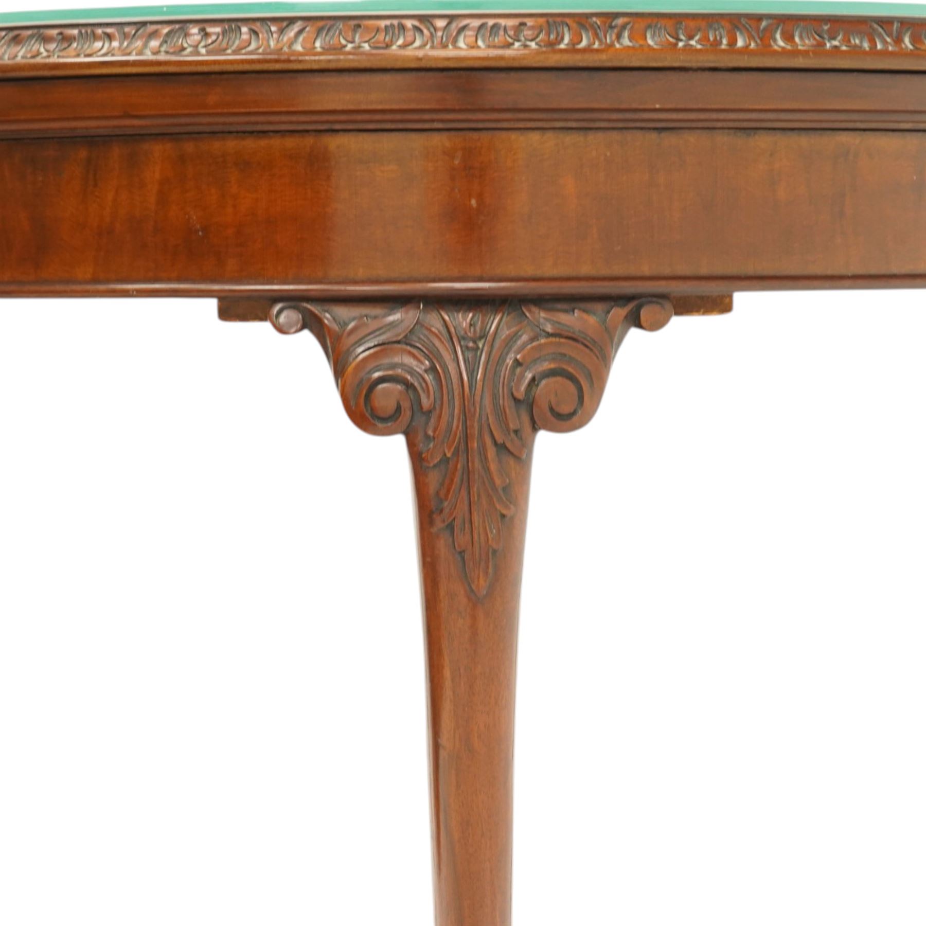 Leemings of Halifax - Georgian design mahogany demi-lune card table, the lunette fold-over top with carved edge and bevelled interior, raised on cabriole supports with acanthus carved knees, with draw-action rear support, terminating to ball-and-claw feet, makers plaque to rear