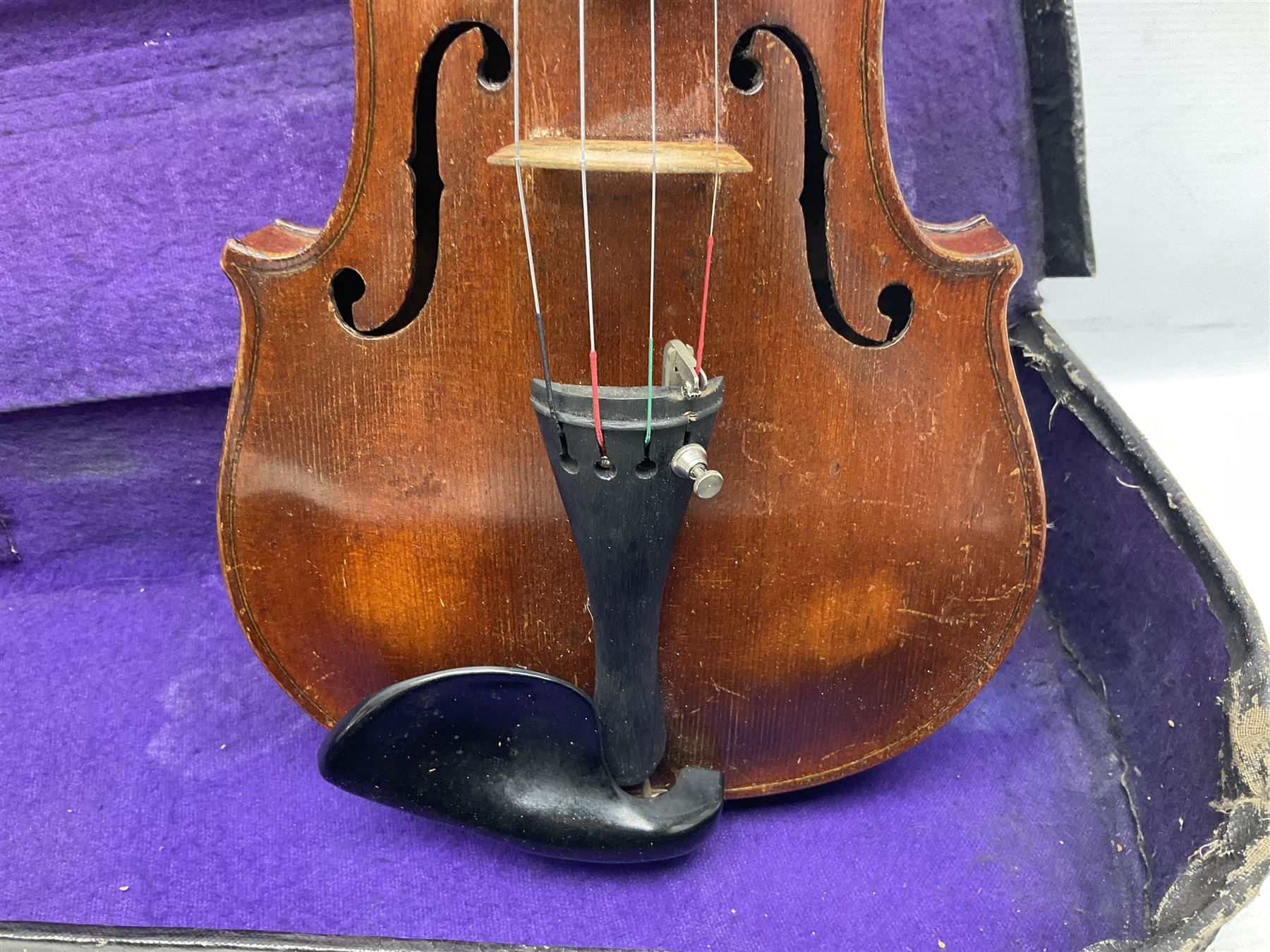 German trade violin c1900 the 36cm two-piece maple back impressed 'Stainer', maple ribs and spruce top, bears label 'Jacobis Stainer in Absam prope Oenipontum 17**' L59cm; in carrying case marked 'The Improved Dome' with bow