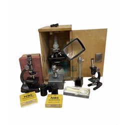 Vintage 'Naturalist' Microscope in original box, table top magnifying glass, two other microscopes, boxed slides etc in one box