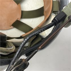 Silver grey SPH-4B Flight Helmet as used by helicopter pilots in the USAF and US Army in the 1990s; made of epoxy resin reinforced fibreglass; fitted with clear and tinted visors and complete with an M-87A/AIC boom mike; original condition and bench tested.