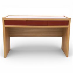 Sliderobes - modern dressing table and two bedside cabinets, red glass panels to top and drawer fronts, drawers with push to open mechanism, with veneered oak frames (Bedside tables H 56cm, D 50cm, W 40cm; Dressing table: H 83cm, D 50cm, W 135cm)