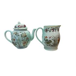 Adams part dinner service, decorated with flowers on a green ground, including six dinner plates, milk jug, tea pot, serving plates etc, in two boxes   