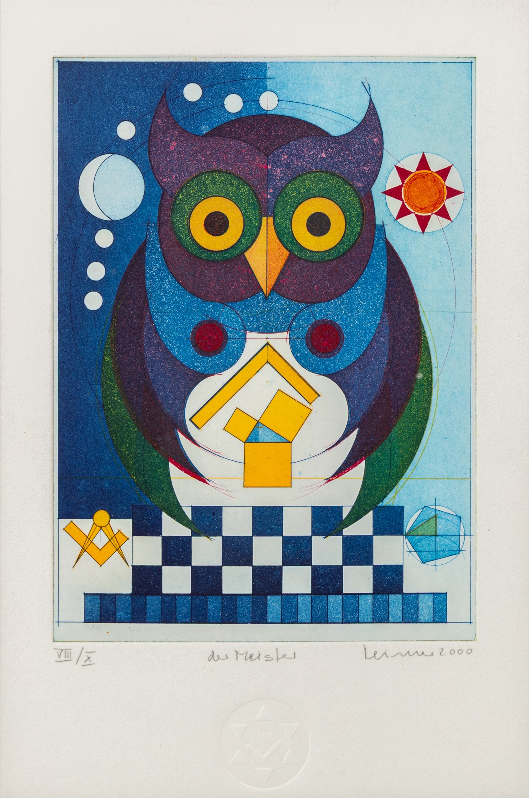 Hans-Joachim 'Jockel' Reisner (German 1938-2023): 'The Master' and 'Libra', two coloured etchings signed titled dated 2000 and 2001, one numbered 8/10 in pencil and stamped with blindstamp max 21.5cm x 15.5cm (2)
Notes: Reisner is best known for creating the Bradford City Fire Memorial in 1986. His style of printmaking is characterised by geometric lines and shapes, influenced by his degree in engineering.