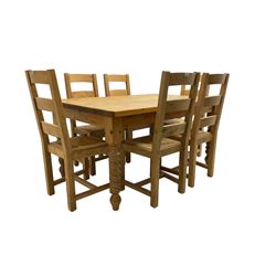 Solid pine dining table, rectangular top on spiral turned supports; together with set six pine ladder back dining chairs 