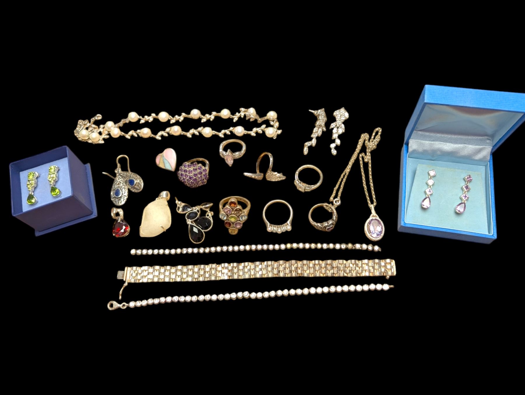 Collection of silver and silver stone-set jewellery, including necklace, earrings, rings, bracelets, etc