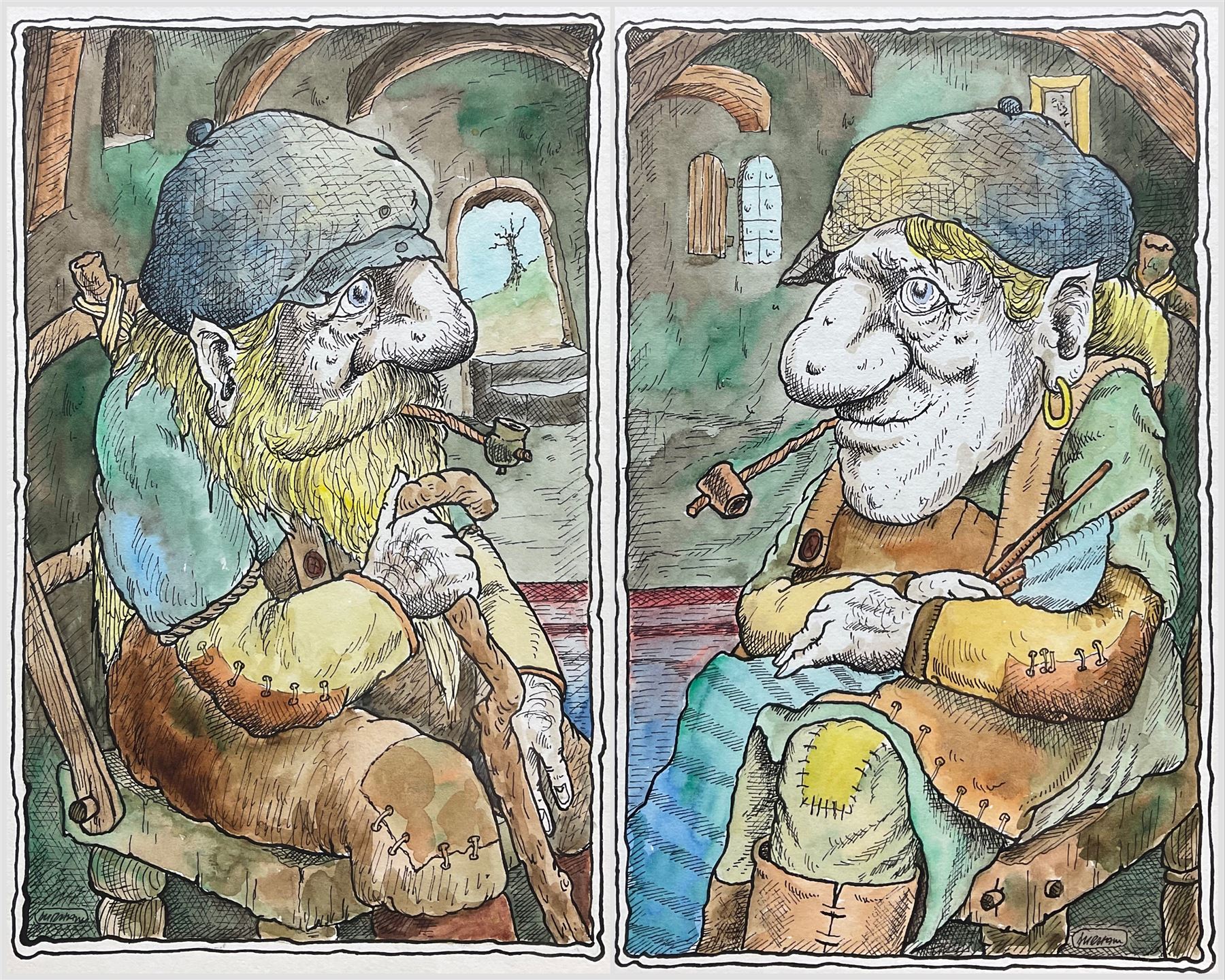 Terry Durham (British 1936-2013): 'Gran'ma Bogart' and 'Gran'pa Bogart', pair pen and ink portraits signed, titled on label verso 16cm x 10cm (2)