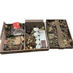 Collection of antique hard ware including brass door knobs, furniture plates and ring pulls, sash window pullies and other items 