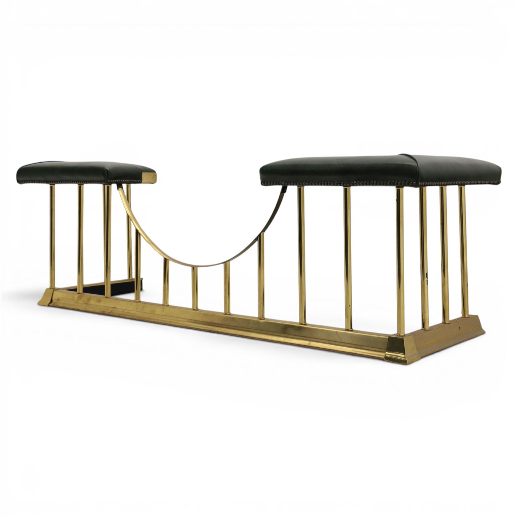 Regency design brass and green leather club fender, padded cushion corners