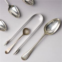 Pair of George III silver sauce ladles London 1799 Maker Richard Crossley, six various George III and Victoria silver dessert spoons, assorted tea spoons etc