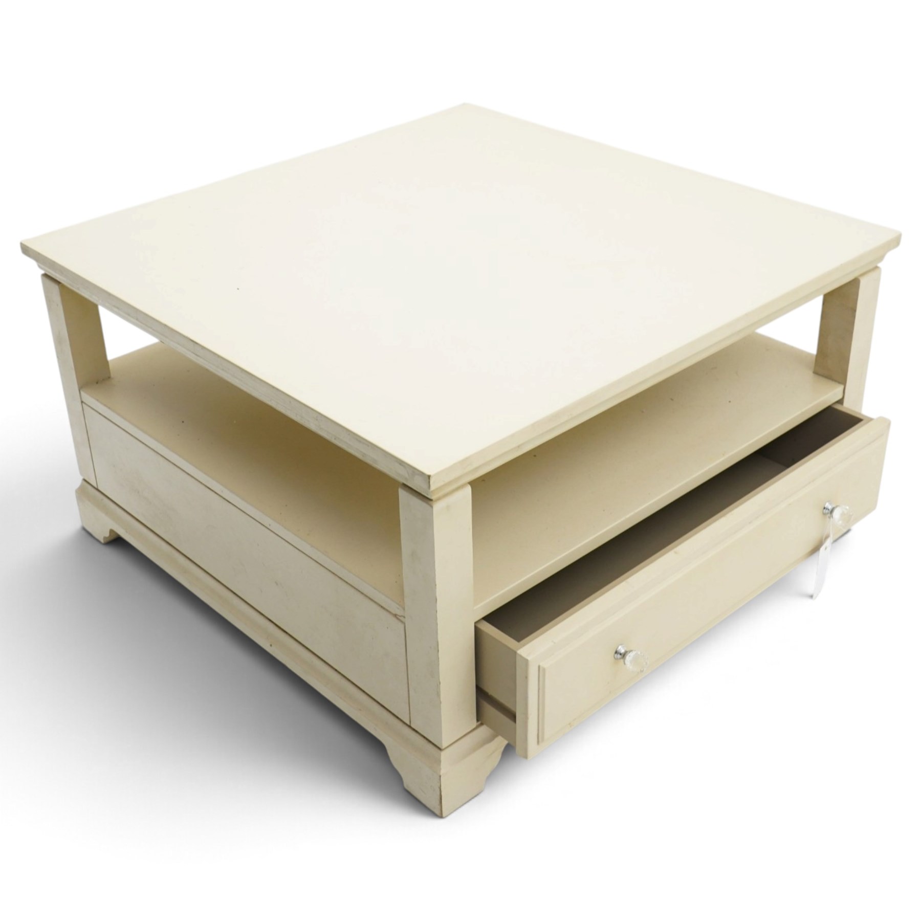 Laura Ashley - white coffee table, of square form, open recess above two drawers with glass knobs