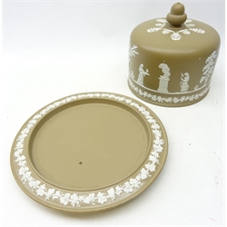  Victorian Brownhill Pottery Co. Cheese Dish and Cover, relief decorated with Neo-Classical figures on a buff ground, impressed marks, another decorated in Wedgwood Blue Jasper style, both with acorn finials, H23cm max  