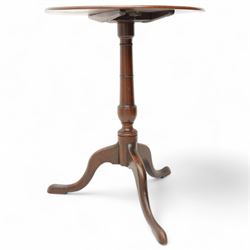 George III mahogany tripod, circular tilt-top on ring turned baluster pedestal, three out-splayed supports 