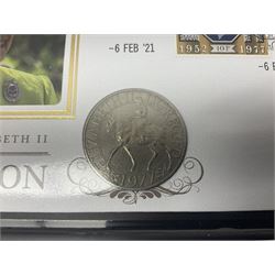 Commemorative coins and covers, including '80th Anniversary of the Battle of Britain' coin cover with Solomon Islands 2020 half dollar, 'Royal National Lifeboat Institution' coin cover with Alderney 2021 five pounds, 'Queen Elizabeth II's 95th Birthday' coin cover with Solomon Islands 2021 half dollar, other similar coin covers all in Harrington and Byrne folders, The Royal Mail 'HM The Queen's 95th Birthday' coin cover with 2021 five pounds and Queen Elizabeth II Isle of Man 2020 'Peter Pan' fifty pence coin collection in card folder