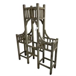 20th century painted pine garden trellis, central tower with lower flanking supports