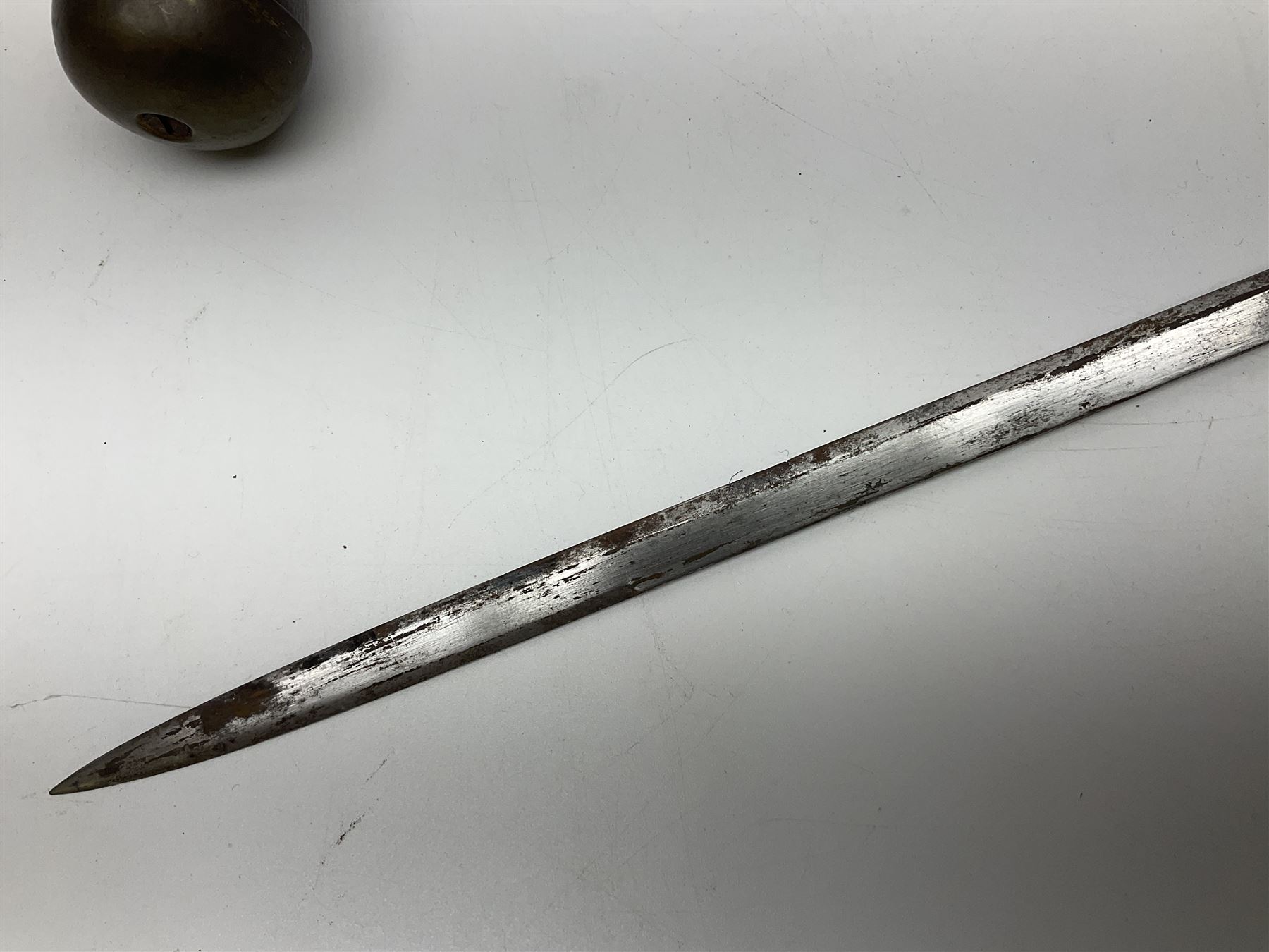 Leather covered swagger/sword stick with 40cm steel blade L62cm overall; another ash sword stick with 30cm diamond section steel blade; pair of fencing foils, the blades marked Solingen; two reproduction flintlock pistols; and 92cm inert cartridge belt (7)